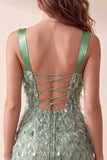 Green Bodycon Square Neck Feathered Short Cocktail Dress with Sequins