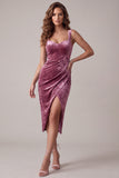 Fuchsia Bodycon Sweetheart Velvet Ruched Midi Cocktail Dress with Slit