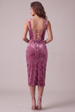 Fuchsia Bodycon Sweetheart Velvet Ruched Midi Cocktail Dress with Slit