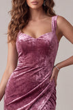 Fuchsia Bodycon Sweetheart Velvet Ruched Midi Cocktail Dress with Slit