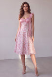 Pink A-Line Sweetheart Ruched Satin Midi Wedding Guest Dress with Sequins
