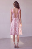 Pink A-Line Sweetheart Ruched Satin Midi Wedding Guest Dress with Sequins