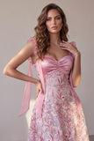 Pink A-Line Sweetheart Ruched Satin Midi Wedding Guest Dress with Sequins