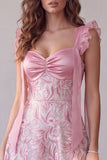 Pink A-Line Sweetheart Ruched Satin Midi Wedding Guest Dress with Sequins