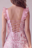 Pink A-Line Sweetheart Ruched Satin Midi Wedding Guest Dress with Sequins