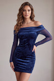 Navy Bodycon Off the Shoulder Satin Printed Long Sleeves Short Cocktail Dress