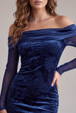 Navy Bodycon Off the Shoulder Satin Printed Long Sleeves Short Cocktail Dress