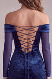 Navy Bodycon Off the Shoulder Satin Printed Long Sleeves Short Cocktail Dress