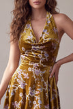 Mustard Gold Floral Printed Velvet Halter Asymmetrical High Low Short Cocktail Dress