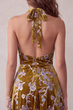 Mustard Gold Floral Printed Velvet Halter Asymmetrical High Low Short Cocktail Dress