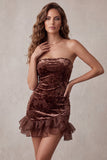 Chocolates Bodycon Strapless Ruffled Velvet Floral Short Cocktail Dress