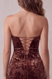 Chocolates Bodycon Strapless Ruffled Velvet Floral Short Cocktail Dress