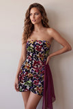 Burgundy Velvet Printed Strapless Bodycon Short Cocktail Dress with Draping