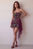 Burgundy Velvet Printed Strapless Bodycon Short Cocktail Dress with Draping