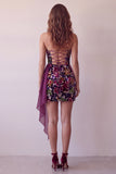 Burgundy Velvet Printed Strapless Bodycon Short Cocktail Dress with Draping
