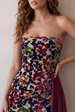 Burgundy Velvet Printed Strapless Bodycon Short Cocktail Dress with Draping