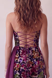 Burgundy Velvet Printed Strapless Bodycon Short Cocktail Dress with Draping