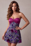 Fuchsia A-Line Satin Strapless Floral Short Cocktail Dress