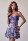 Blue A-Line Spaghetti Straps Ruched Sheer Short Cocktail Dress with Sequins