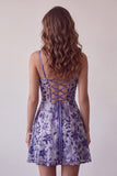 Blue A-Line Spaghetti Straps Ruched Sheer Short Cocktail Dress with Sequins