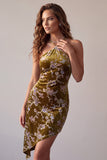 Mustard Gold Velvet Halter Asymmetrical High Low Halter Printed Short Cocktail Dress