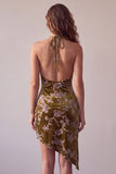 Mustard Gold Velvet Halter Asymmetrical High Low Halter Printed Short Cocktail Dress