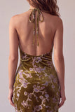 Mustard Gold Velvet Halter Asymmetrical High Low Halter Printed Short Cocktail Dress
