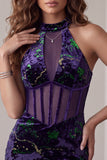 Dark Purple Corset High Neck Sheer Bodycon Velvet Short Cocktail Dress