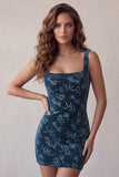 Navy Printed Bodycon Square Neck Short Cocktail Dress