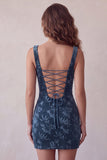 Navy Printed Bodycon Square Neck Short Cocktail Dress