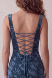 Navy Printed Bodycon Square Neck Short Cocktail Dress