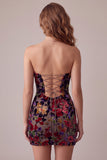 Burgundy Bodycon Velvet Strapless Printed Short Cocktail Dress