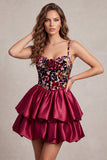 Red Corset Velvet Bubble Hem Tiered Ruffle A-Line Short Cocktail Dress with 3D Flower
