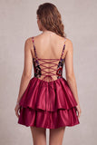 Red Corset Velvet Bubble Hem Tiered Ruffle A-Line Short Cocktail Dress with 3D Flower
