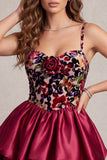 Red Corset Velvet Bubble Hem Tiered Ruffle A-Line Short Cocktail Dress with 3D Flower