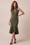 Olive Mermaid High Neck High Low Tulle Midi Formal Dress