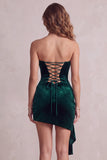 Dark Green Bodycon One Shoulder Velvet Ruched Short Cocktail Dress