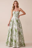 Sage Green Corset A-Line Strapless Printed Maxi Formal Dress