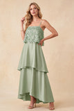 Light Green Tiered Spaghetti Straps High-Low Satin Formal Dress with Feathers
