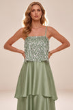 Light Green Tiered Spaghetti Straps High-Low Satin Formal Dress with Feathers