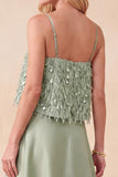 Light Green Tiered Spaghetti Straps High-Low Satin Formal Dress with Feathers