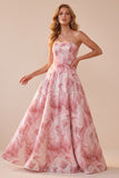 Pink A-Line Strapless Sequins Maxi Formal Dress with Lace Up Back