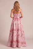 Pink A-Line Strapless Sequins Maxi Formal Dress with Lace Up Back