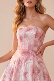 Pink A-Line Strapless Sequins Maxi Formal Dress with Lace Up Back
