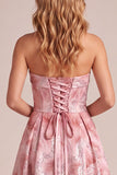 Pink A-Line Strapless Sequins Maxi Formal Dress with Lace Up Back