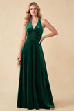Dark Green A-Line Halter Velvet V-Neck Ruched Maxi Formal Dress
