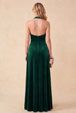 Dark Green A-Line Halter Velvet V-Neck Ruched Maxi Formal Dress