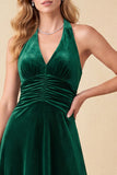 Dark Green A-Line Halter Velvet V-Neck Ruched Maxi Formal Dress