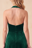 Dark Green A-Line Halter Velvet V-Neck Ruched Maxi Formal Dress