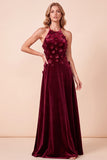 Burgundy A-Line Halter Velvet 3D Flower Long Formal Dress with Beading